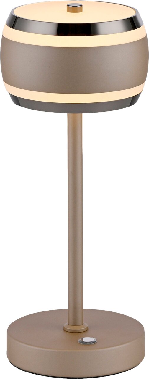 Moderne Akku-Tischleuchte in zylindrischer Form mit mattem Finish, seitliche Ansicht.