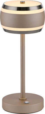 Moderne Akku-Tischleuchte in zylindrischer Form mit mattem Finish, seitliche Ansicht.