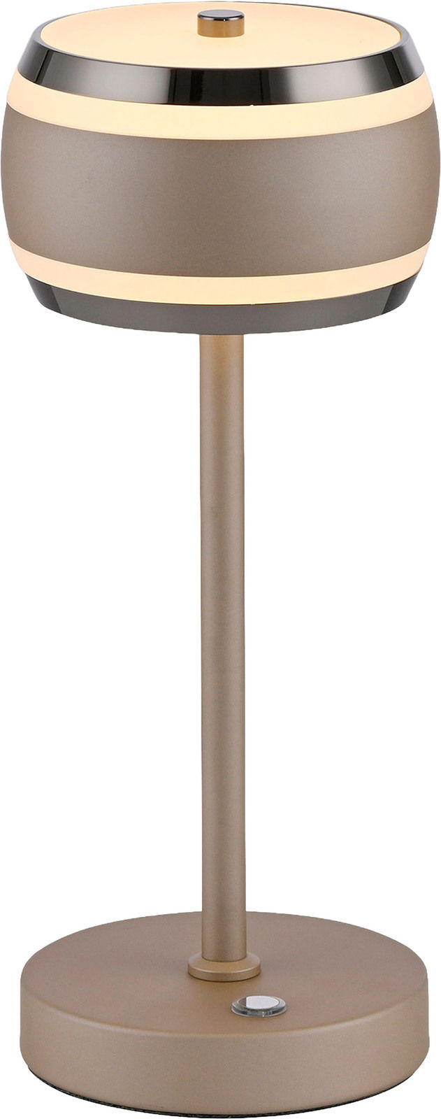 Moderne Akku-Tischleuchte in zylindrischer Form mit mattem Finish, seitliche Ansicht.