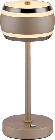 Moderne Akku-Tischleuchte in zylindrischer Form mit mattem Finish, seitliche Ansicht.