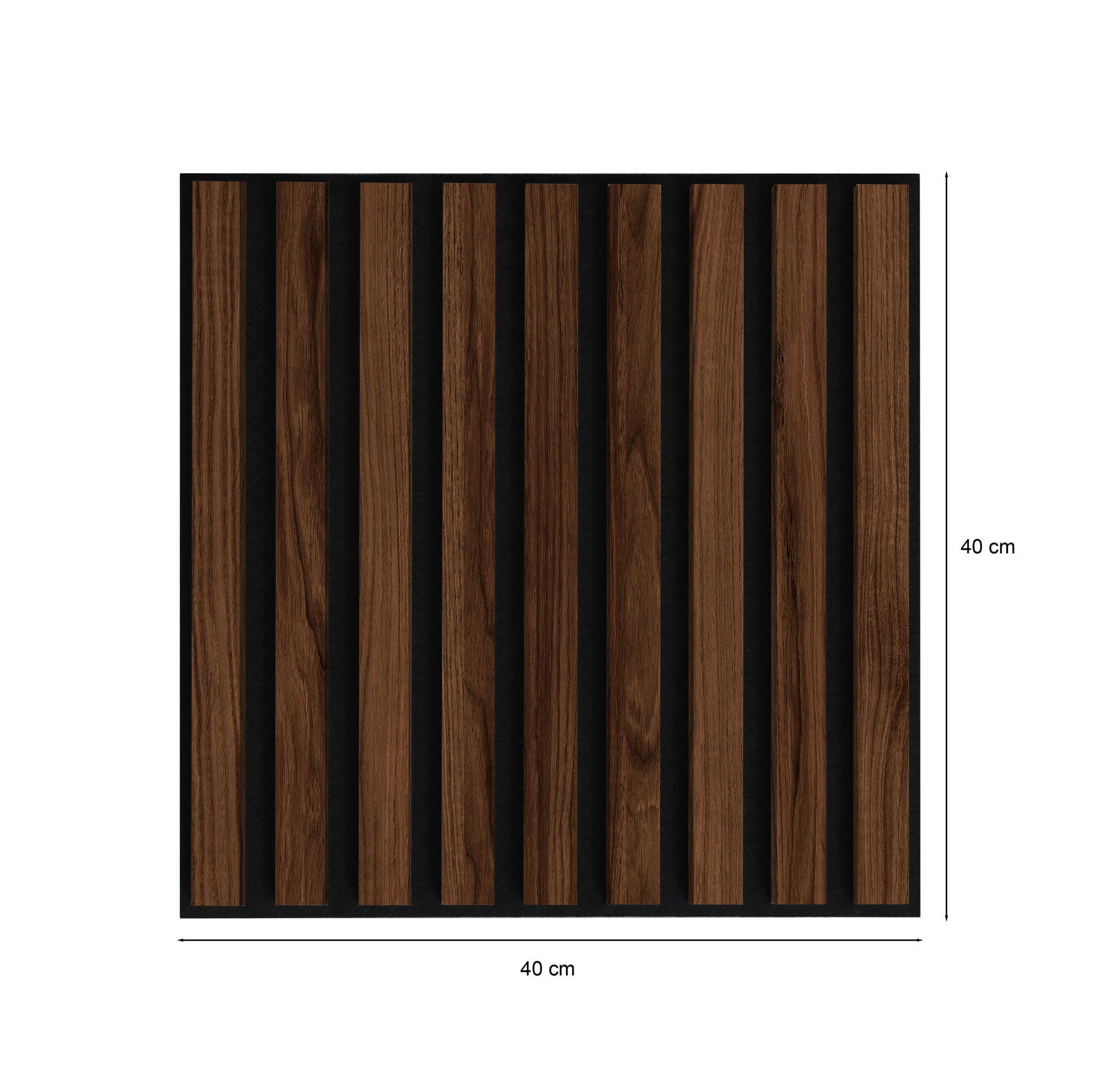 Dekoratives quadratisches Paneel mit vertikalen Holzstreifen auf schwarzem Hintergrund, Draufsicht
