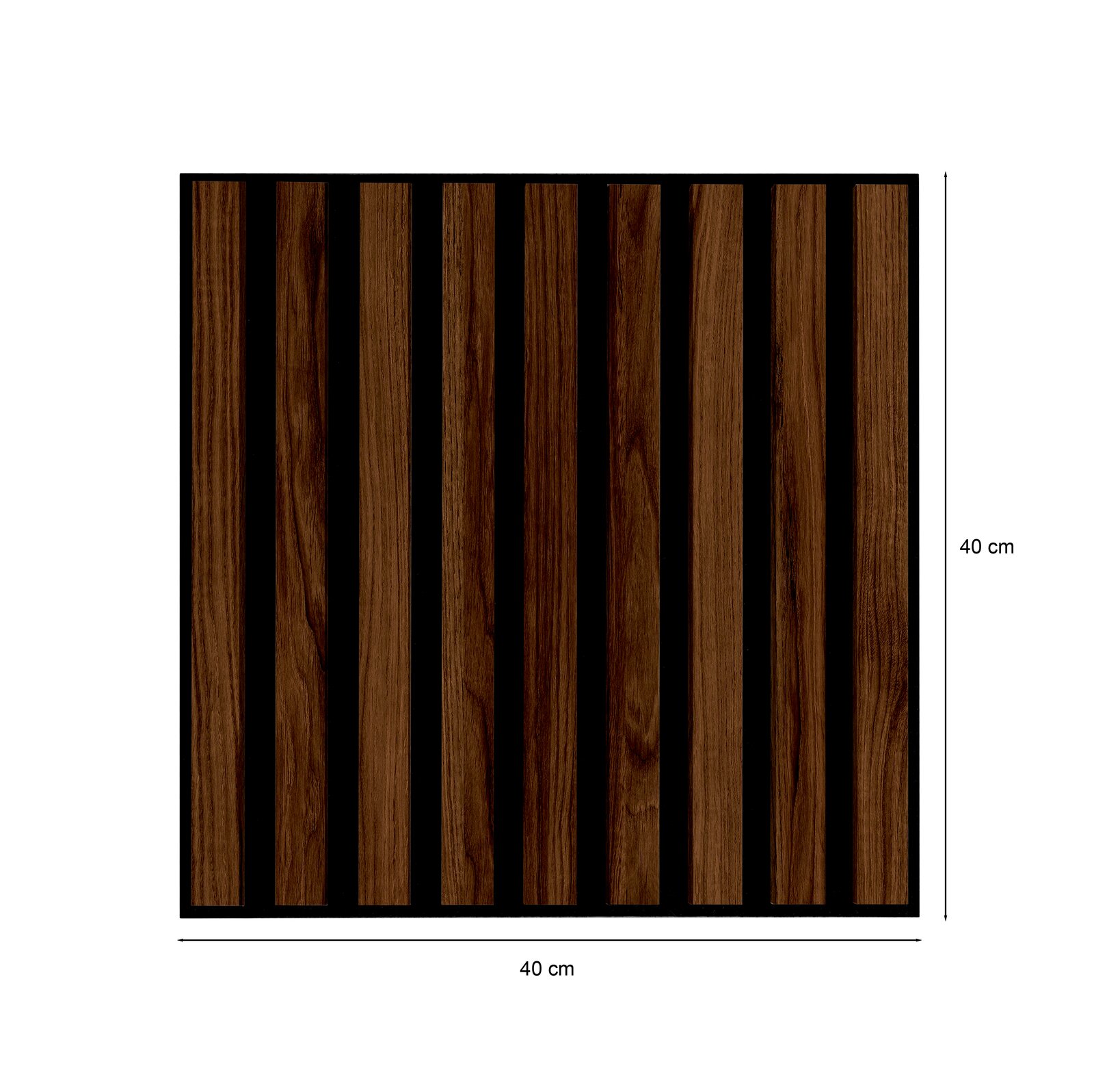 Dekoratives quadratisches Paneel mit vertikalen Holzstreifen auf schwarzem Hintergrund, Draufsicht