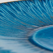 Makro-Nahaufnahme aus schräger Perspektive von einer blauen Feder mit feinen, hellen Streifen und sichtbarer Struktur