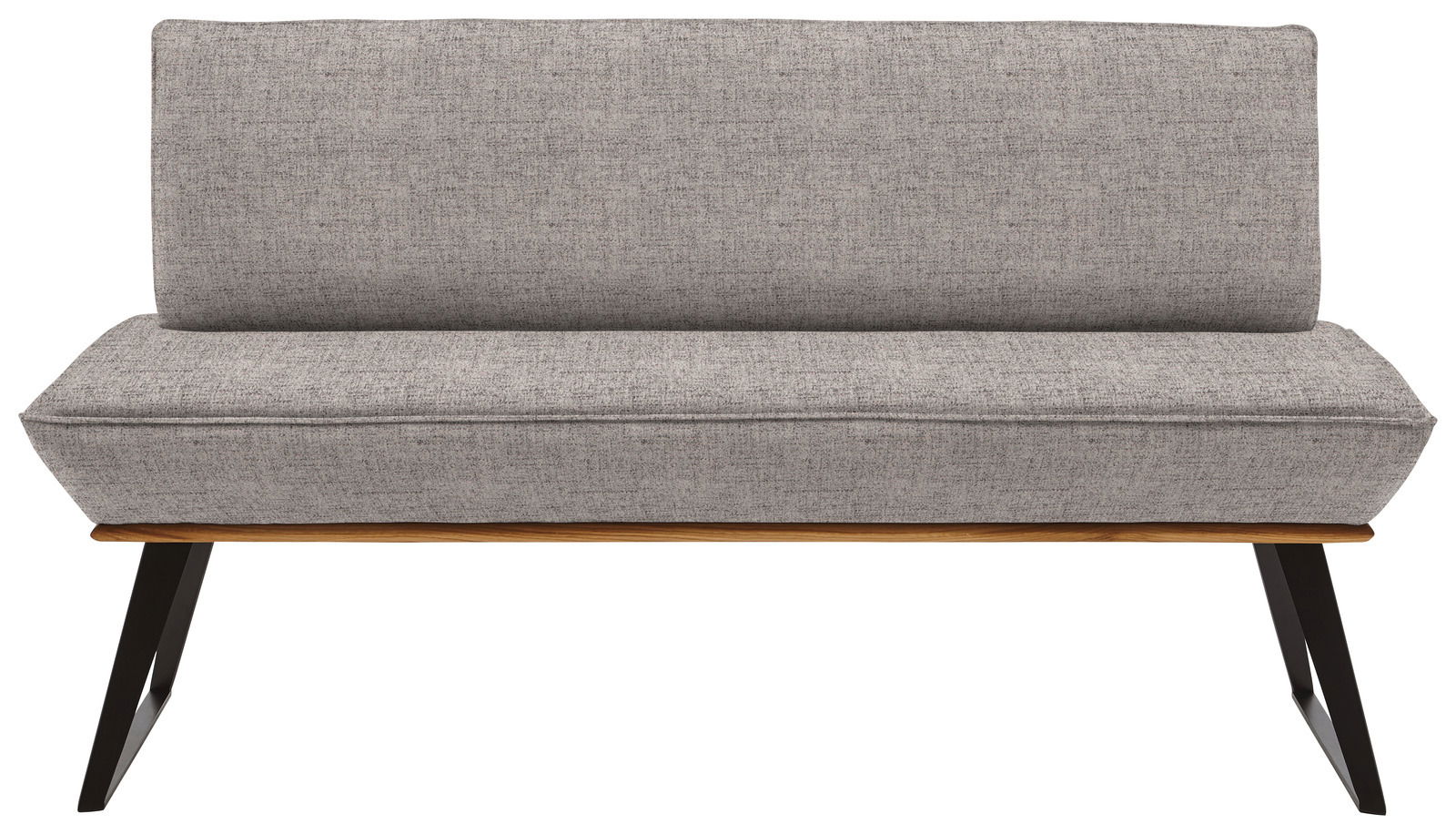 Graue Bank mit Stoffbezug, frontal betrachtet, mit schwarzen Metallbeinen und einer Holzleiste unter dem Sitz.