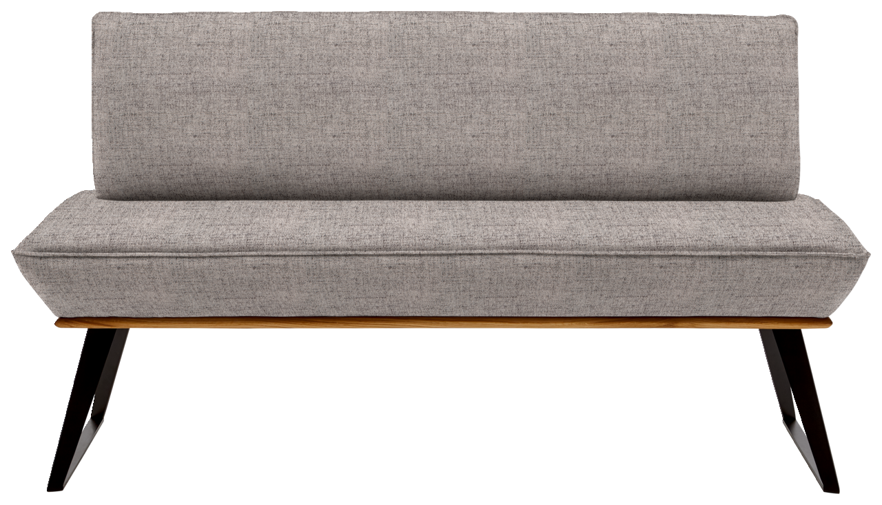 Graue Bank mit Stoffbezug, frontal betrachtet, mit schwarzen Metallbeinen und einer Holzleiste unter dem Sitz.