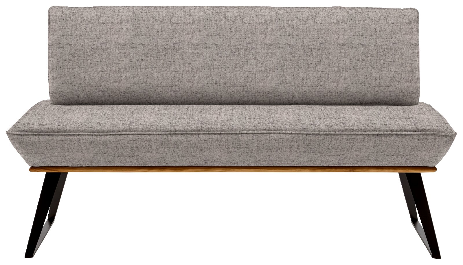 Graue Bank mit Stoffbezug, frontal betrachtet, mit schwarzen Metallbeinen und einer Holzleiste unter dem Sitz.