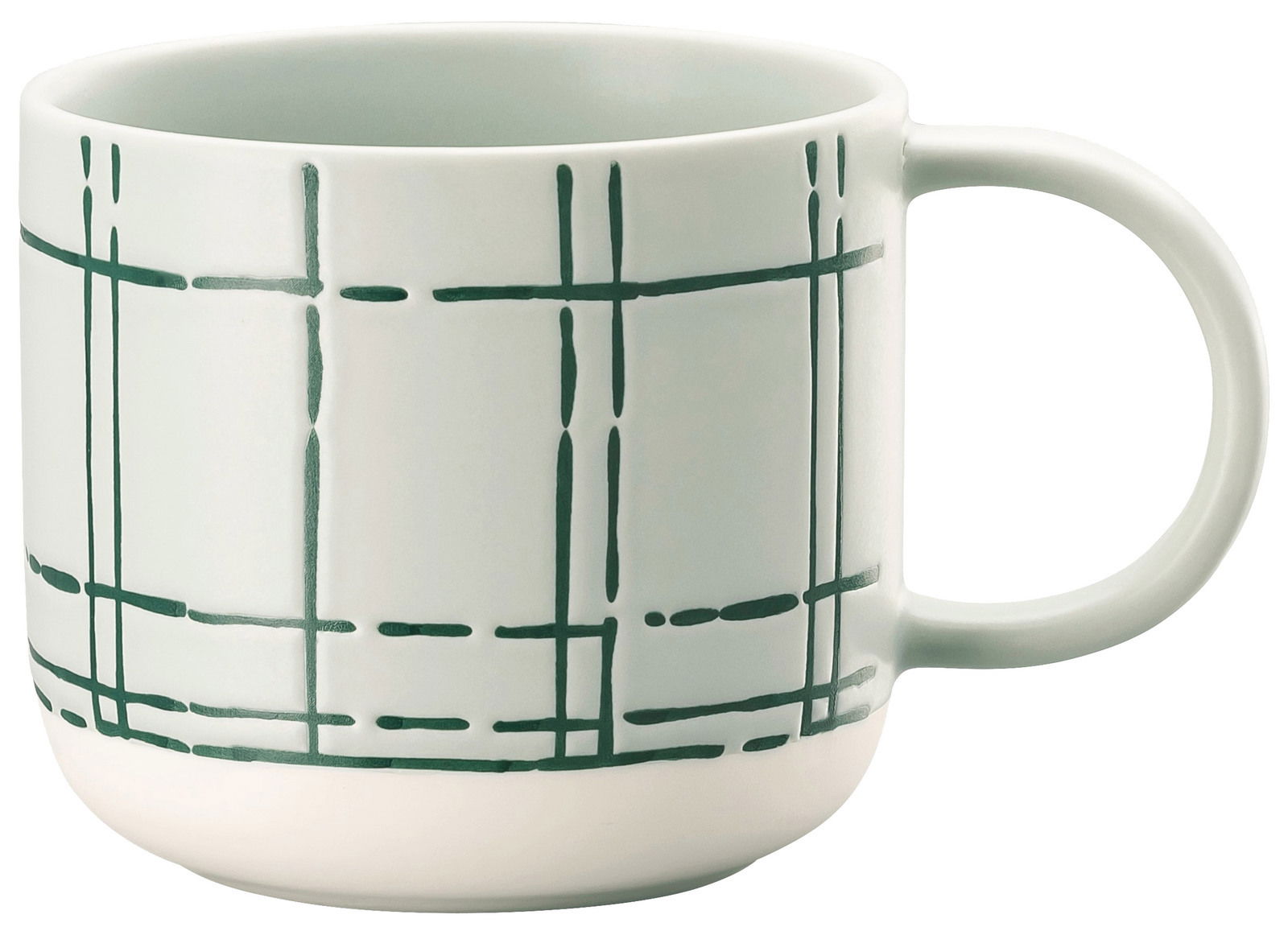 Keramikbecher mit Henkel und grünem Karomuster, seitliche Perspektive