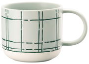 Keramikbecher mit Henkel und grünem Karomuster, seitliche Perspektive