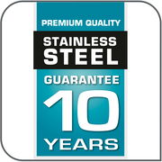 Etikett mit der Aufschrift 'Premium Quality Stainless Steel Guarantee 10 Years' in Vorderansicht.