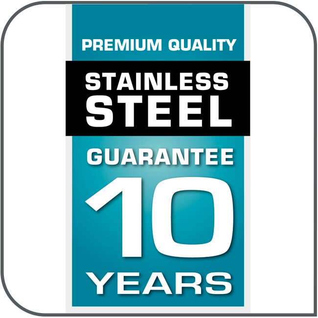 Etiket met de tekst 'Premium Quality Stainless Steel Guarantee 10 Years' gezien van voren.