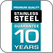 Etiket met de tekst 'Premium Quality Stainless Steel Guarantee 10 Years' gezien van voren.