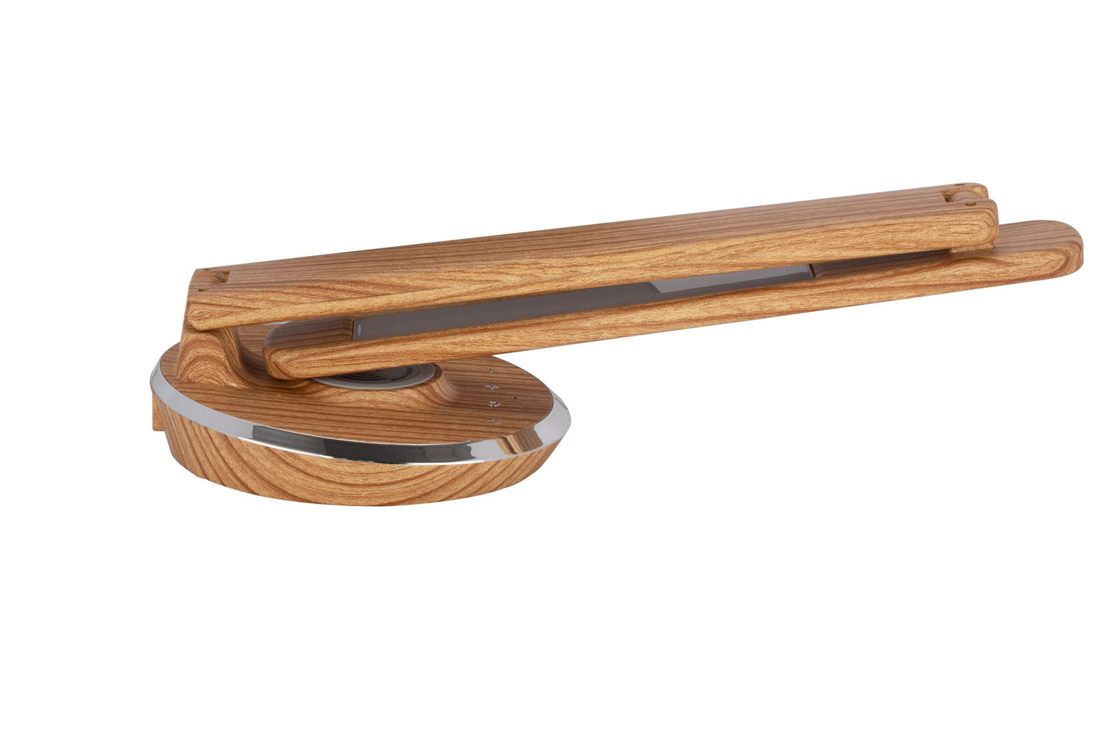 Moderne Schreibtischleuchte in Holzoptik mit verstellbarem Arm, seitliche Perspektive