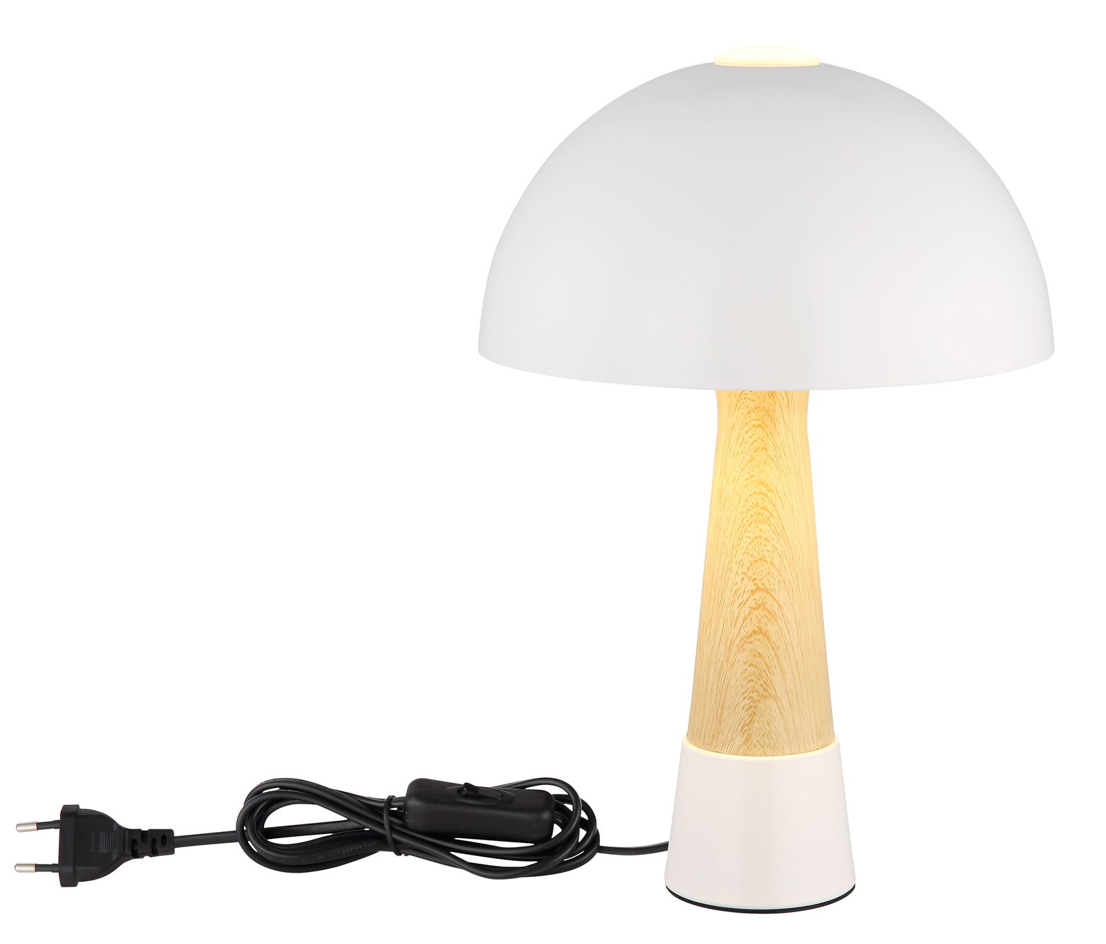 Moderne Tischleuchte mit weißem, pilzförmigem Schirm und Holzoptik-Sockel, seitliche Perspektive