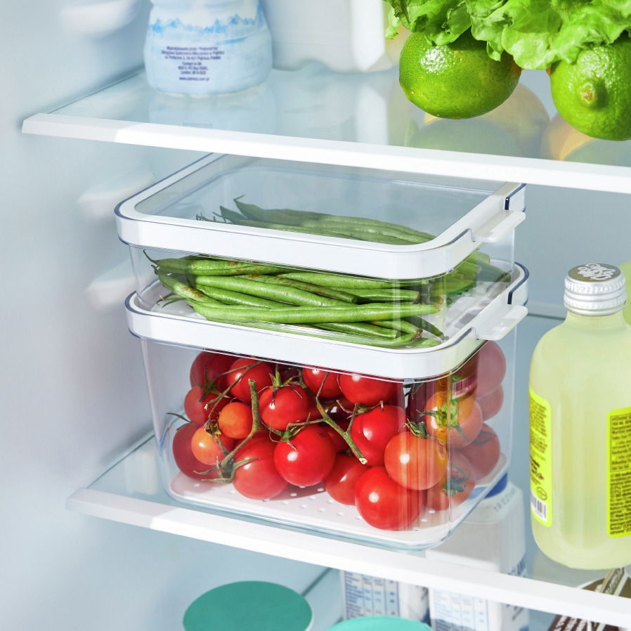Zwei transparente Kühlschrankorganizer mit Deckel, gefüllt mit grünen Bohnen und Tomaten, auf einem Kühlschrankregal von vorne betrachtet.