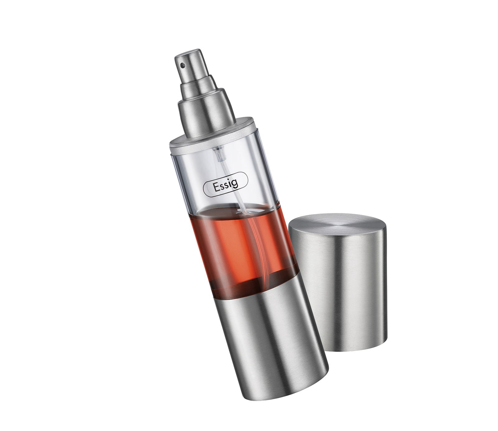 Essigsprüher aus Edelstahl mit abnehmbarem Deckel, seitliche Perspektive