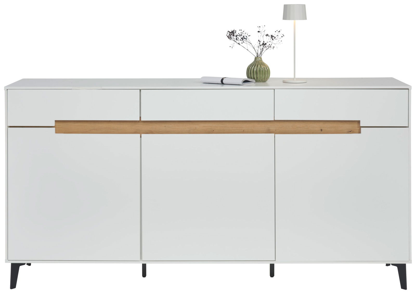 Modernes weißes Sideboard mit Holzleiste, dekoriert mit einer Vase und Lampe, Frontalansicht
