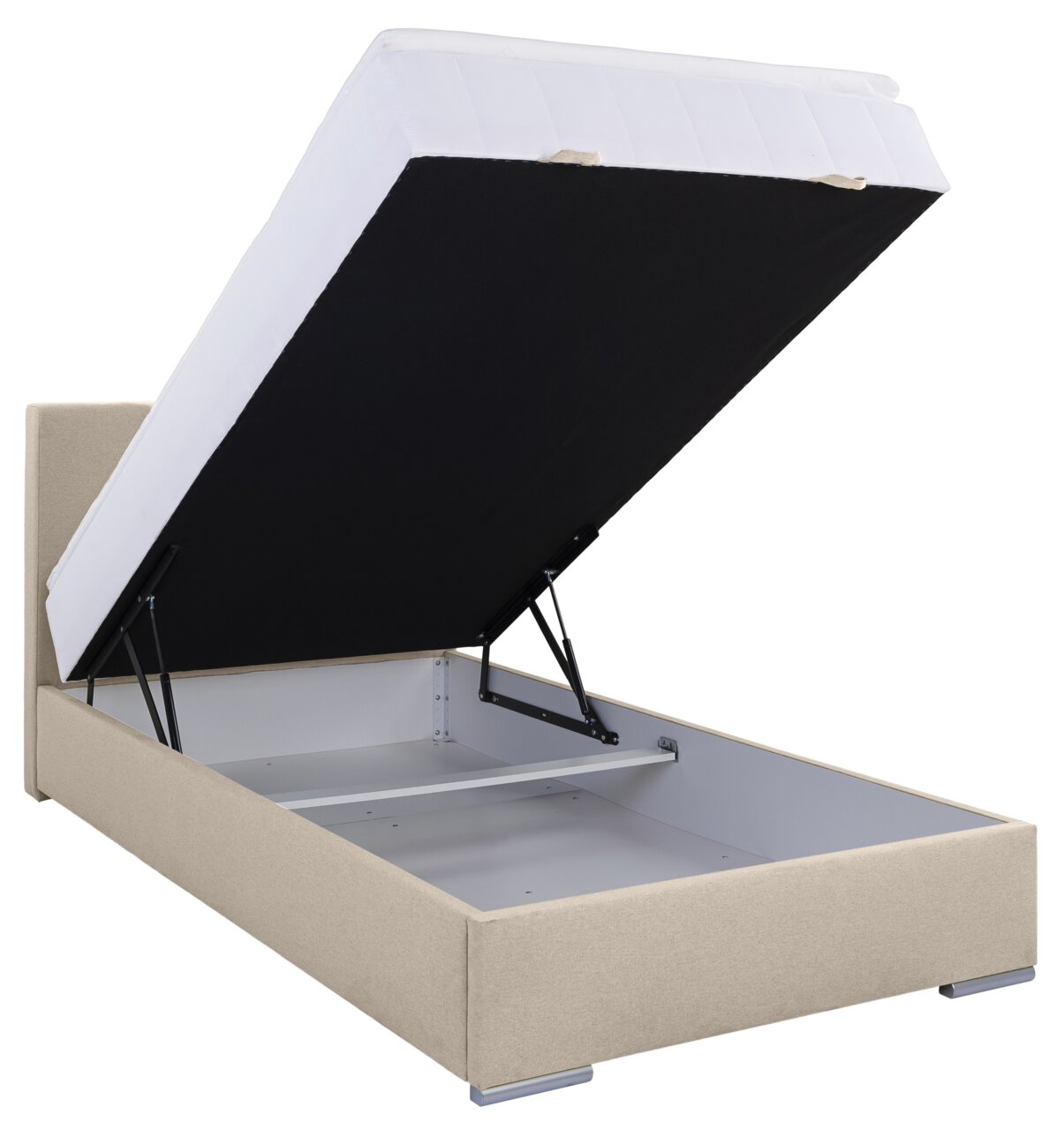 Boxbett 120 mit hochgeklappter Matratze, seitliche Perspektive