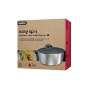 Zyliss Easy Spin roestvrijstalen slacentrifuge maat L in productverpakking, schuin van voren (3/4-aanzicht) met afbeelding van de metalen kom en donkergrijs deksel