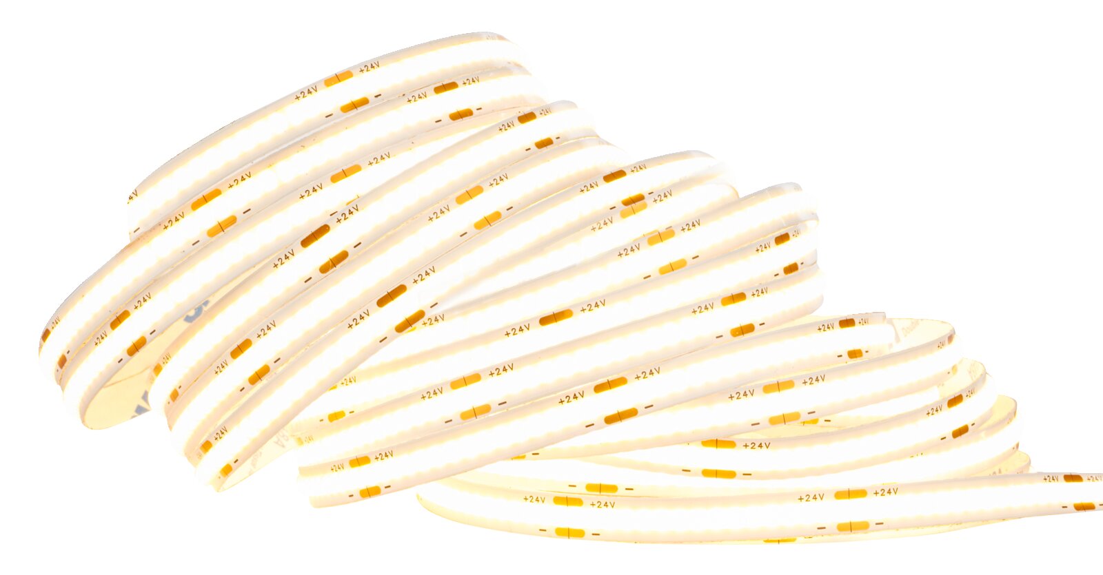 Leuchtender, flexibler LED-Lichtstreifen (24V) warmweiß auf weißem Hintergrund, schräg von oben in Nahaufnahme gezeigt