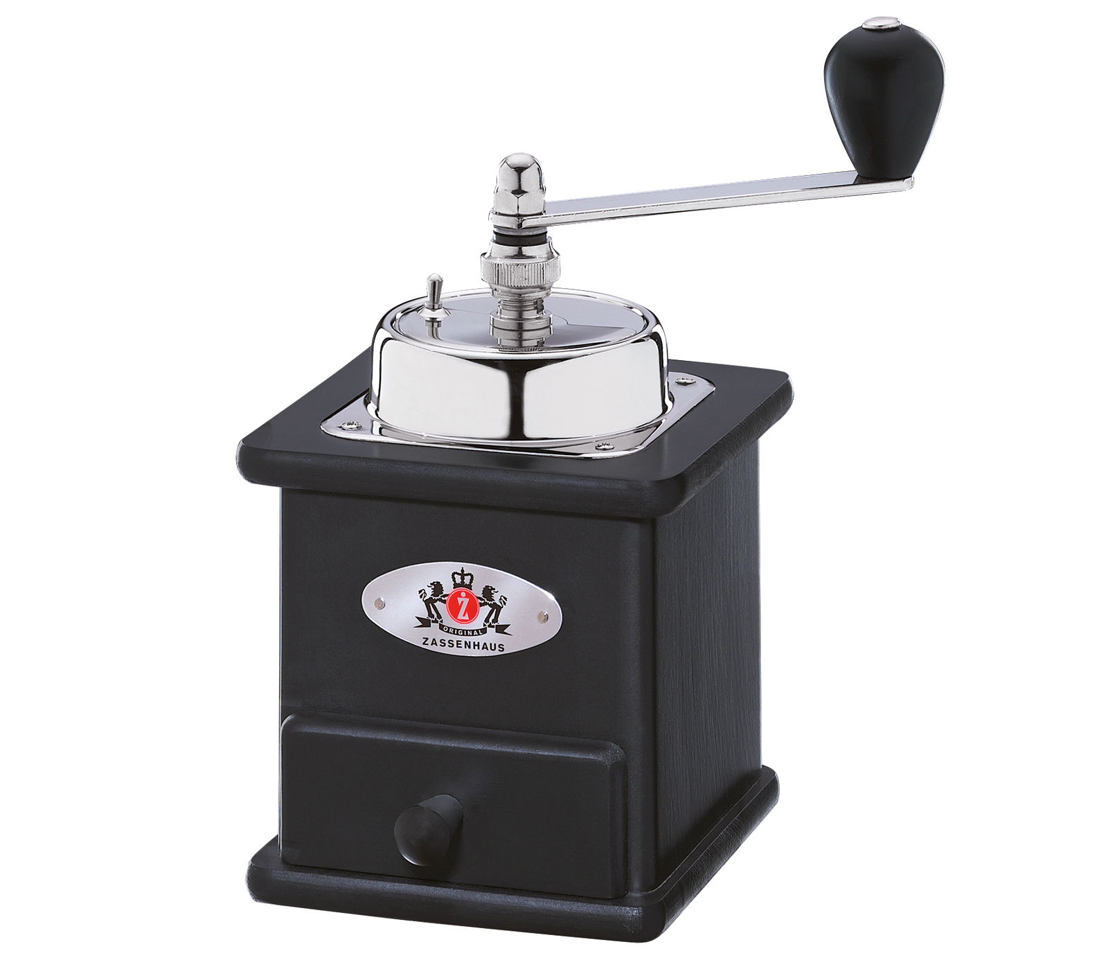 Schwarze Kaffeemühle Brasilia mit Kurbel, Vorderansicht