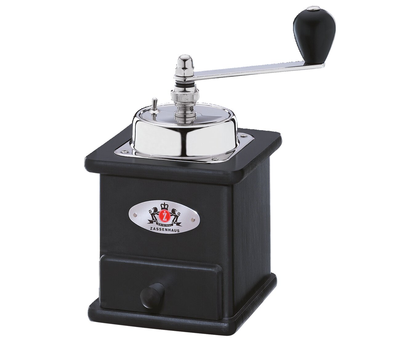 Schwarze Kaffeemühle Brasilia mit Kurbel, Vorderansicht