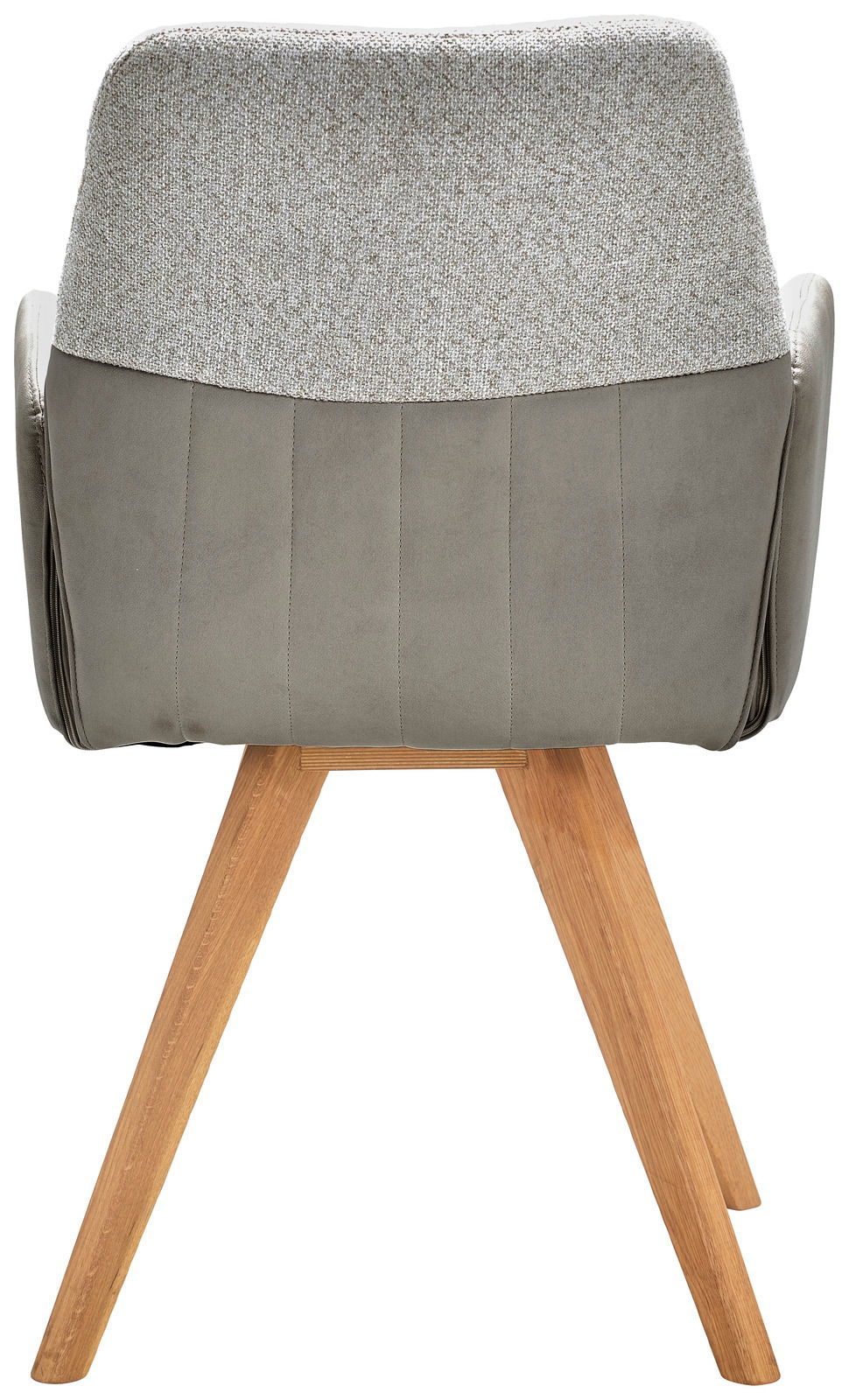 Valdera Armlehnstuhl CORDOBA Rückansicht eines Armlehnstuhls mit grauem Stoffbezug und Holzbeinen