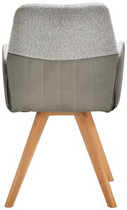 Rückansicht eines Armlehnstuhls mit grauem Stoffbezug und Holzbeinen