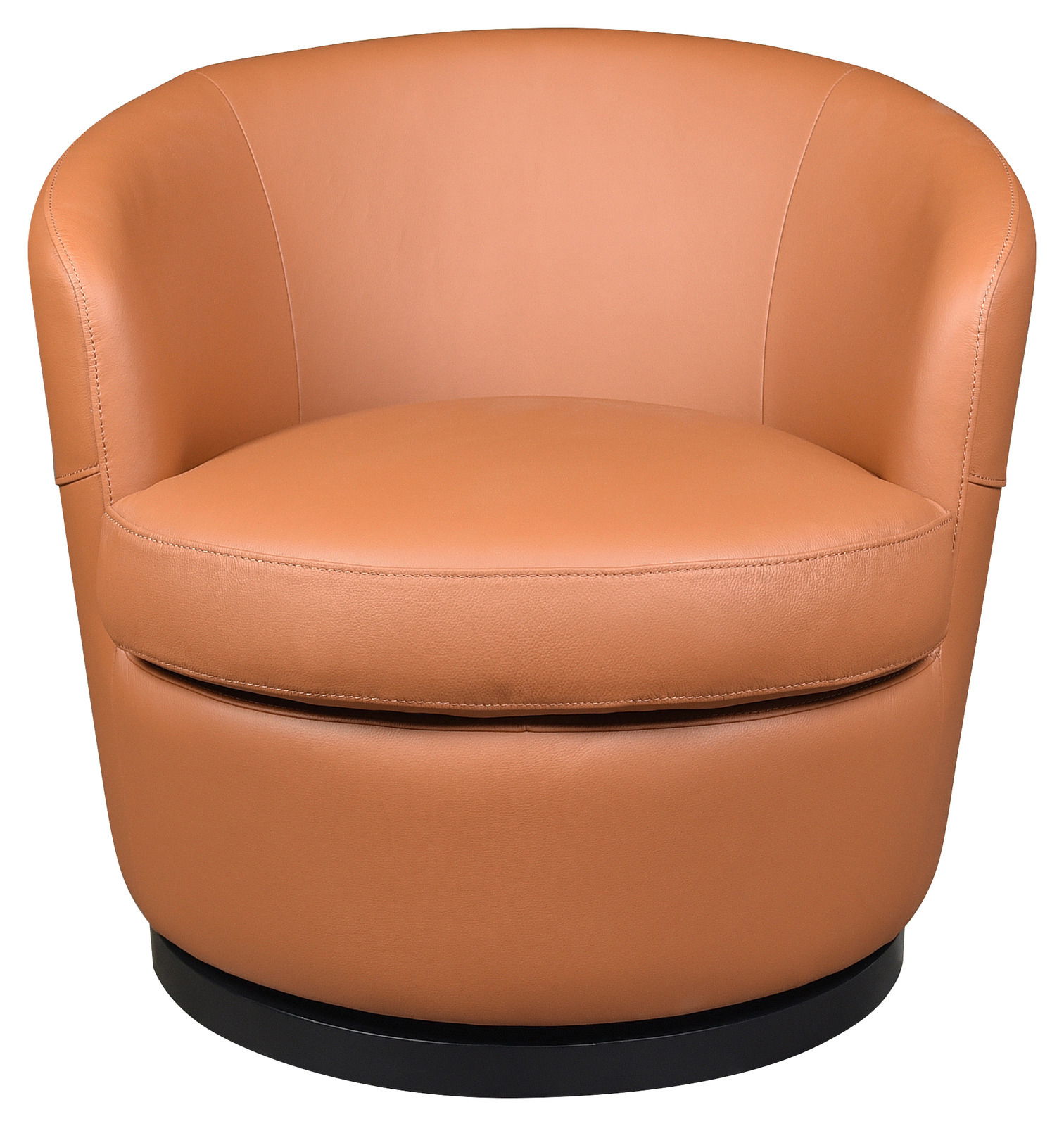 Moderner, runder Sessel aus braunem Leder, Vorderansicht