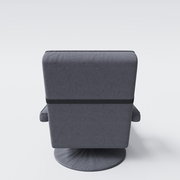 Rückansicht eines modernen, gepolsterten Sessels in dunkelgrauem Stoff mit schwarzem Zierband und rundem Drehteller-Fuß vor hellem Hintergrund.
