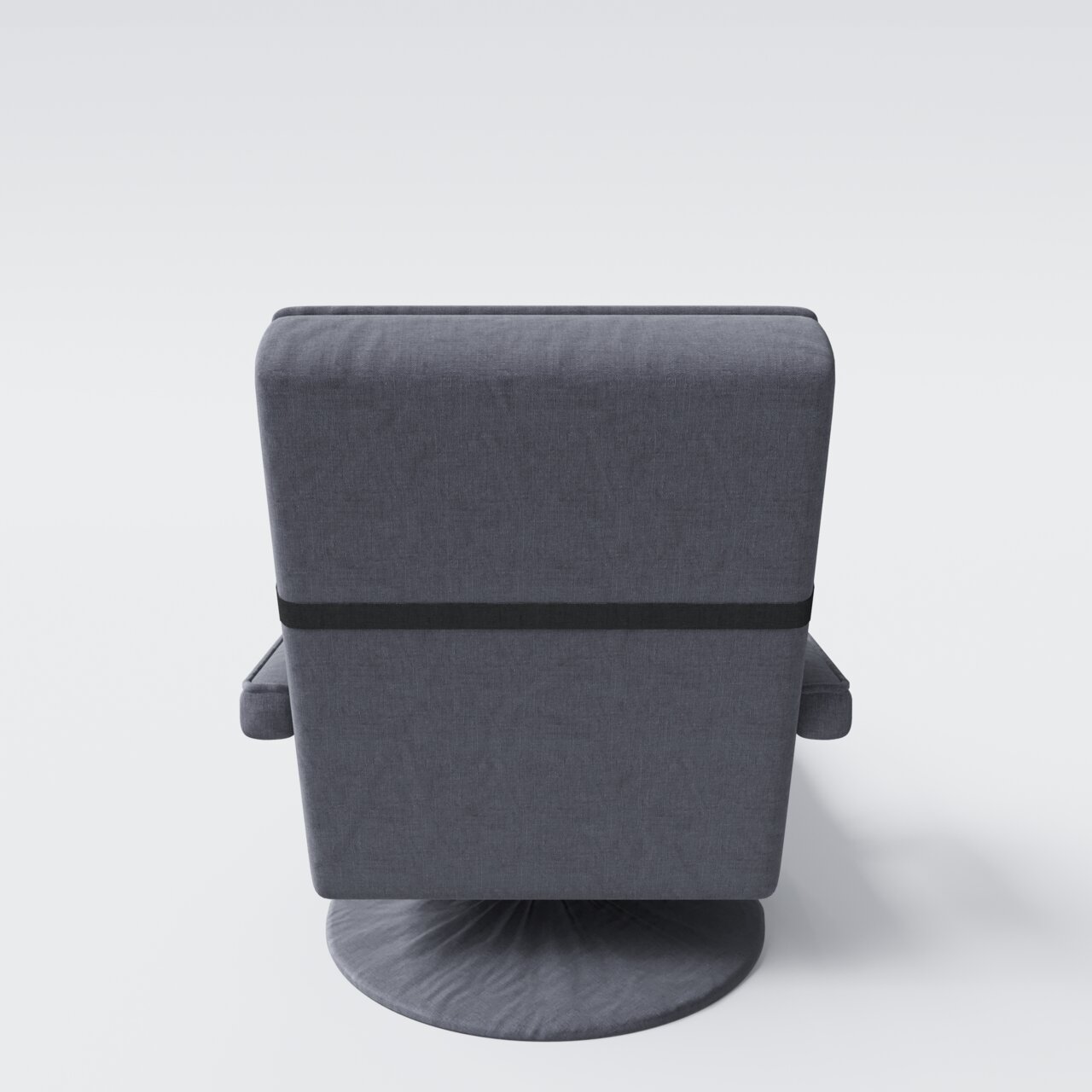 Achterkant van een moderne, gestoffeerde fauteuil van donkergrijze stof met zwarte sierstrip en een ronde draaivoet, gefotografeerd tegen een lichte achtergrond.