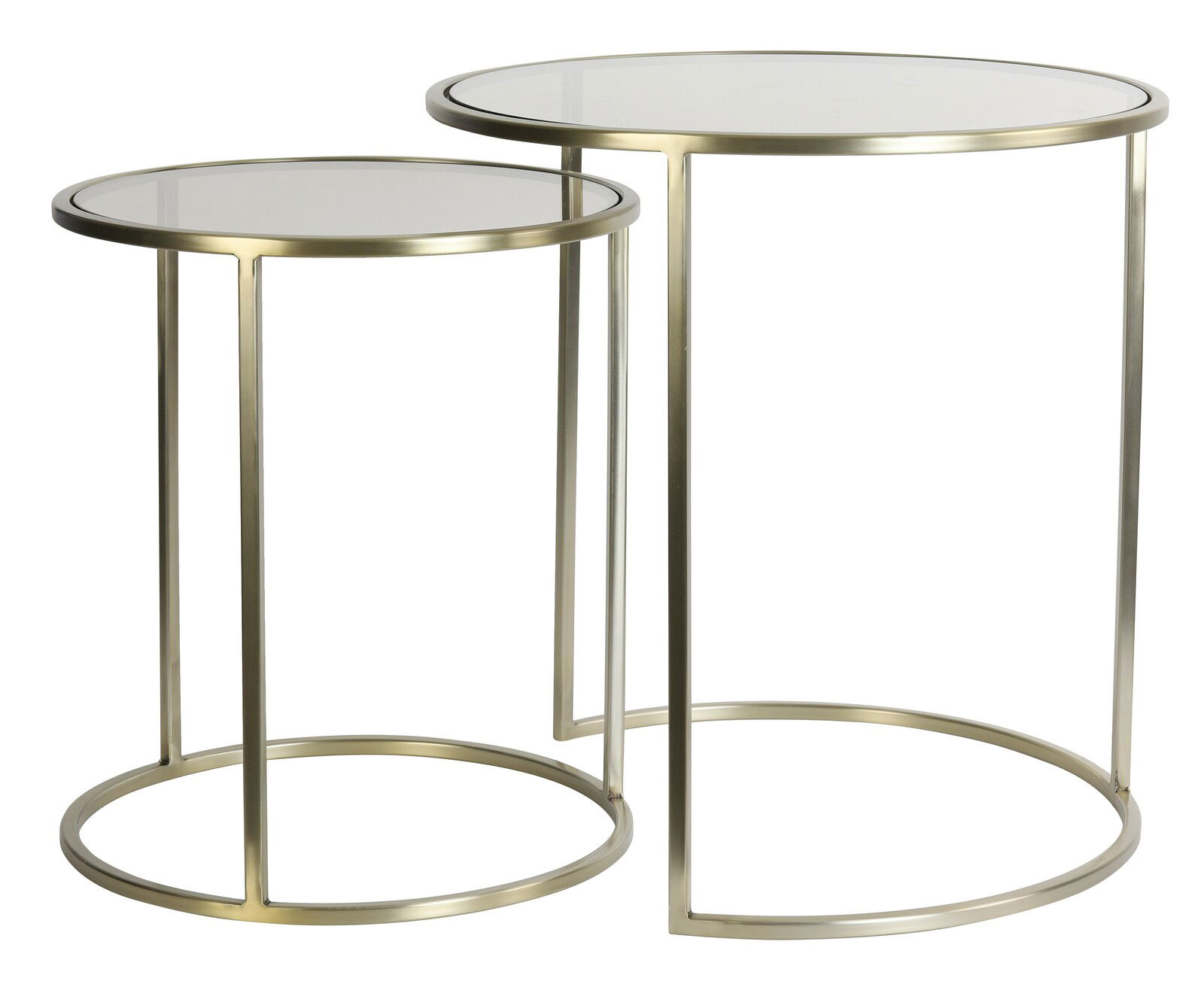 Light&Living Bijzettafelset DUARTE Zwei runde Beistelltische aus Metall mit Glasplatte, in goldener Farbe, in seitlicher Perspektive.