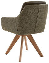 Rückansicht eines Armlehnstuhls mit gepolstertem Stoffbezug und Holzbeinen, Perspektive von hinten