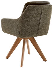 Rückansicht eines Armlehnstuhls mit gepolstertem Stoffbezug und Holzbeinen, Perspektive von hinten