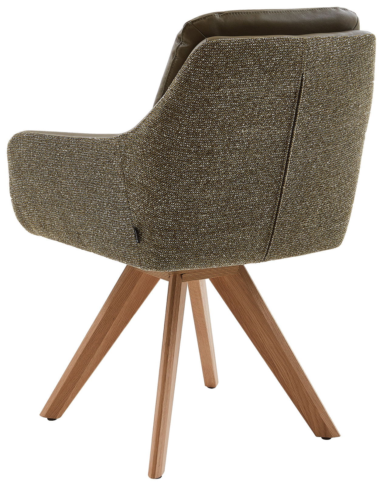 Rückansicht eines Armlehnstuhls mit gepolstertem Stoffbezug und Holzbeinen, Perspektive von hinten