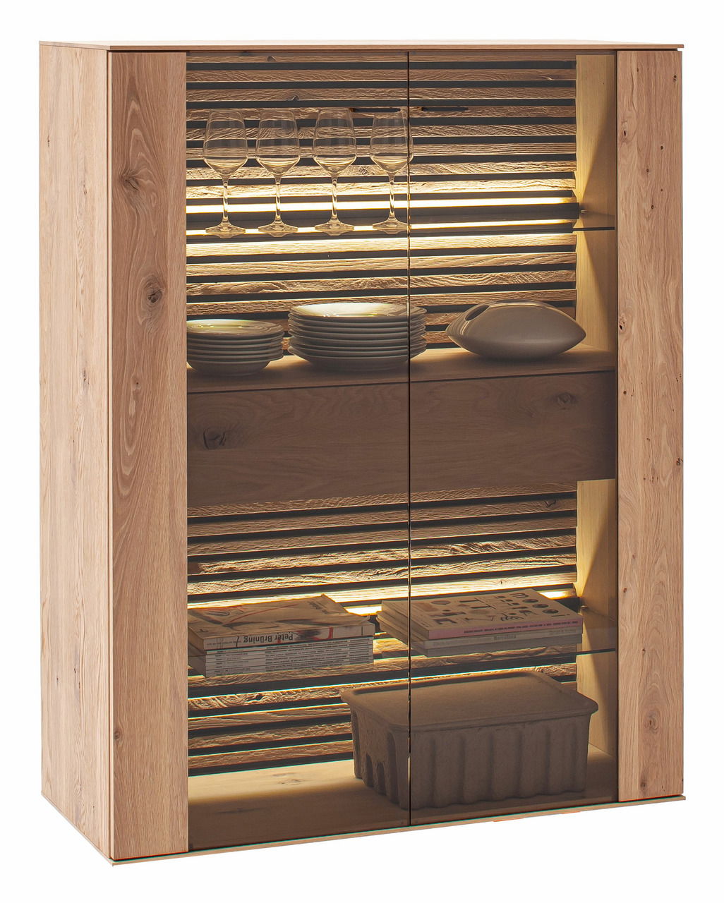 Schöner Wohnen Highboard YONNA Hochwertiges Highboard aus Holz mit Glastüren, beleuchtetem Innenraum und Regalen, seitliche Perspektive