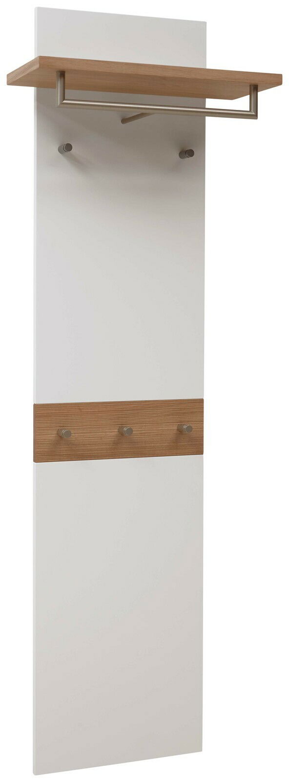 Garderobenpaneel in Weiß mit Holzablage und Haken, seitliche Perspektive