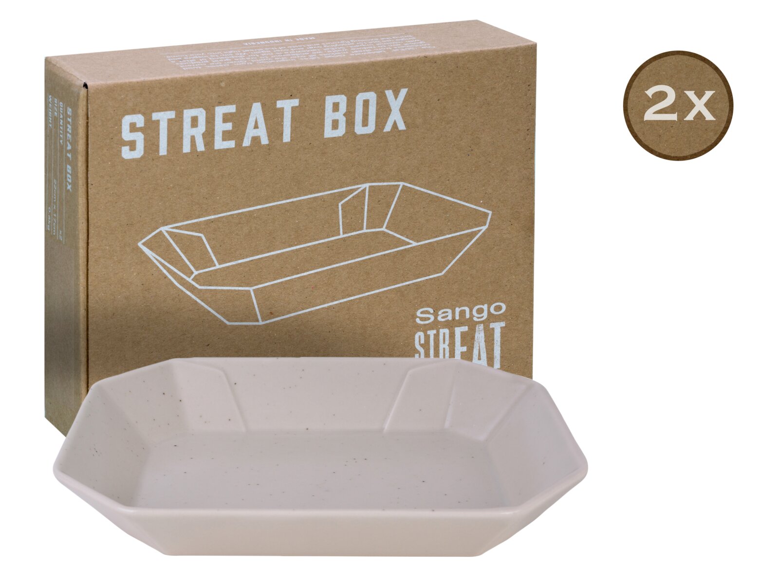 Weiße, gesprenkelte rechteckige Servier-/Snackschale mit facettiertem Rand vor brauner „STREAT BOX“ (Sango Streat) Verpackung, 2er-Set, frontal in leichter Schrägansicht von oben