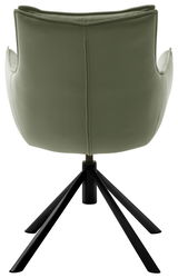 Rückansicht eines grünen Sessels mit schwarzem Metallgestell.