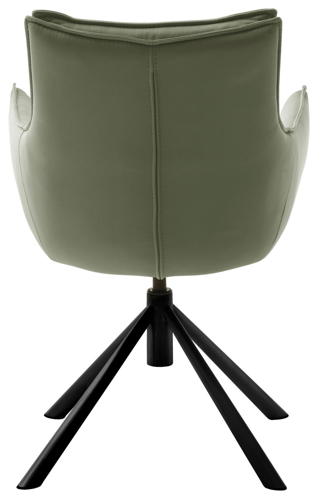 Rückansicht eines grünen Sessels mit schwarzem Metallgestell.