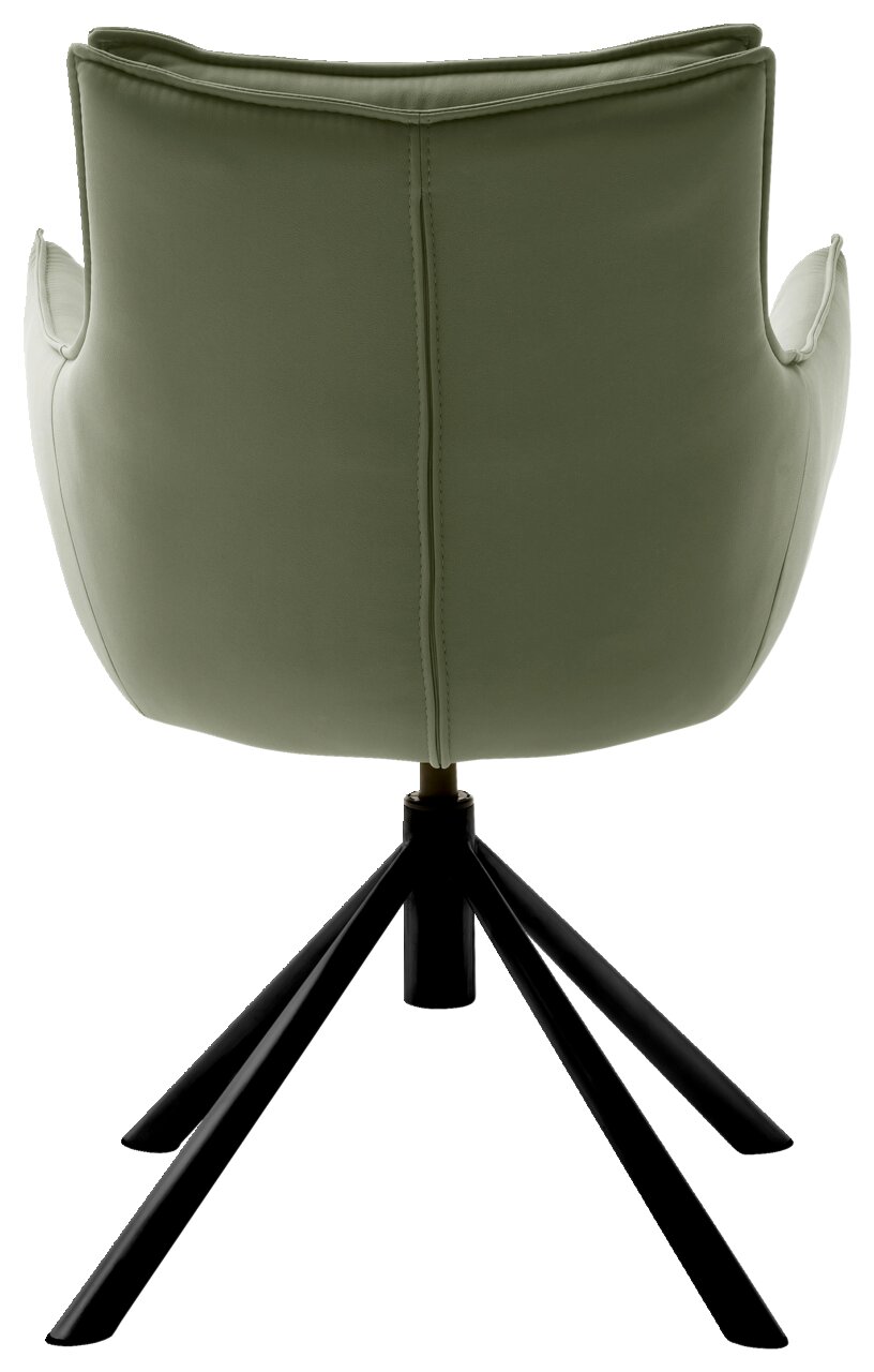 Rückansicht eines grünen Sessels mit schwarzem Metallgestell.