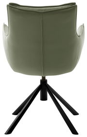 Rückansicht eines grünen Sessels mit schwarzem Metallgestell.