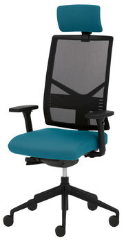 Moderner Drehstuhl mit Netzrückenlehne und türkisfarbenem Sitzpolster, seitliche Perspektive