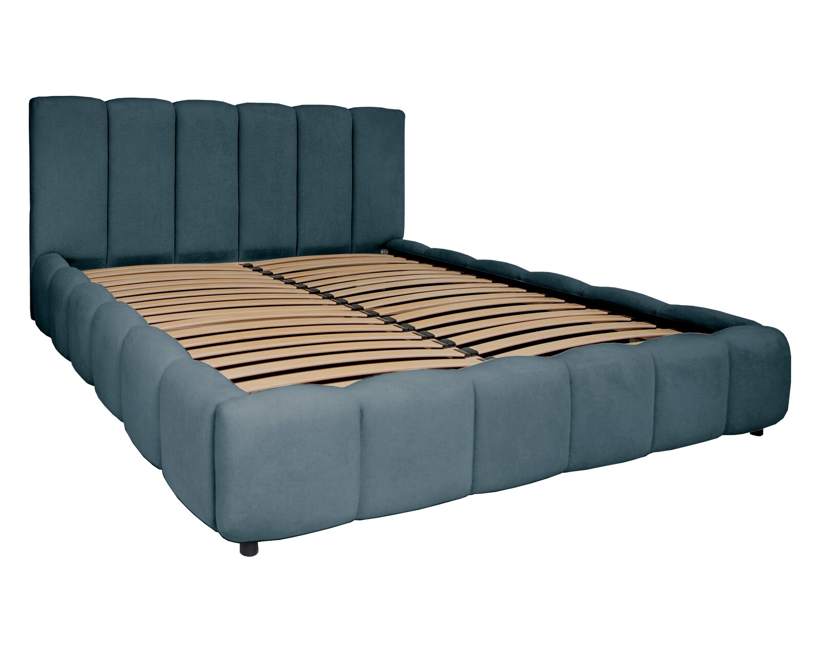 Polsterbettgestell in seitlicher Perspektive mit gepolstertem Kopfteil und Lattenrost.