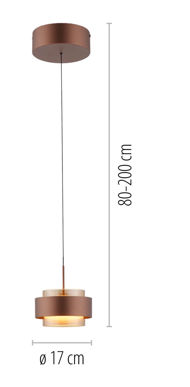 LED-Hängeleuchte in Kupferoptik, zylindrische Form, Durchmesser 17 cm, höhenverstellbar von 80 bis 200 cm, Seitenansicht
