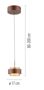 LED-Hängeleuchte in Kupferoptik, zylindrische Form, Durchmesser 17 cm, höhenverstellbar von 80 bis 200 cm, Seitenansicht