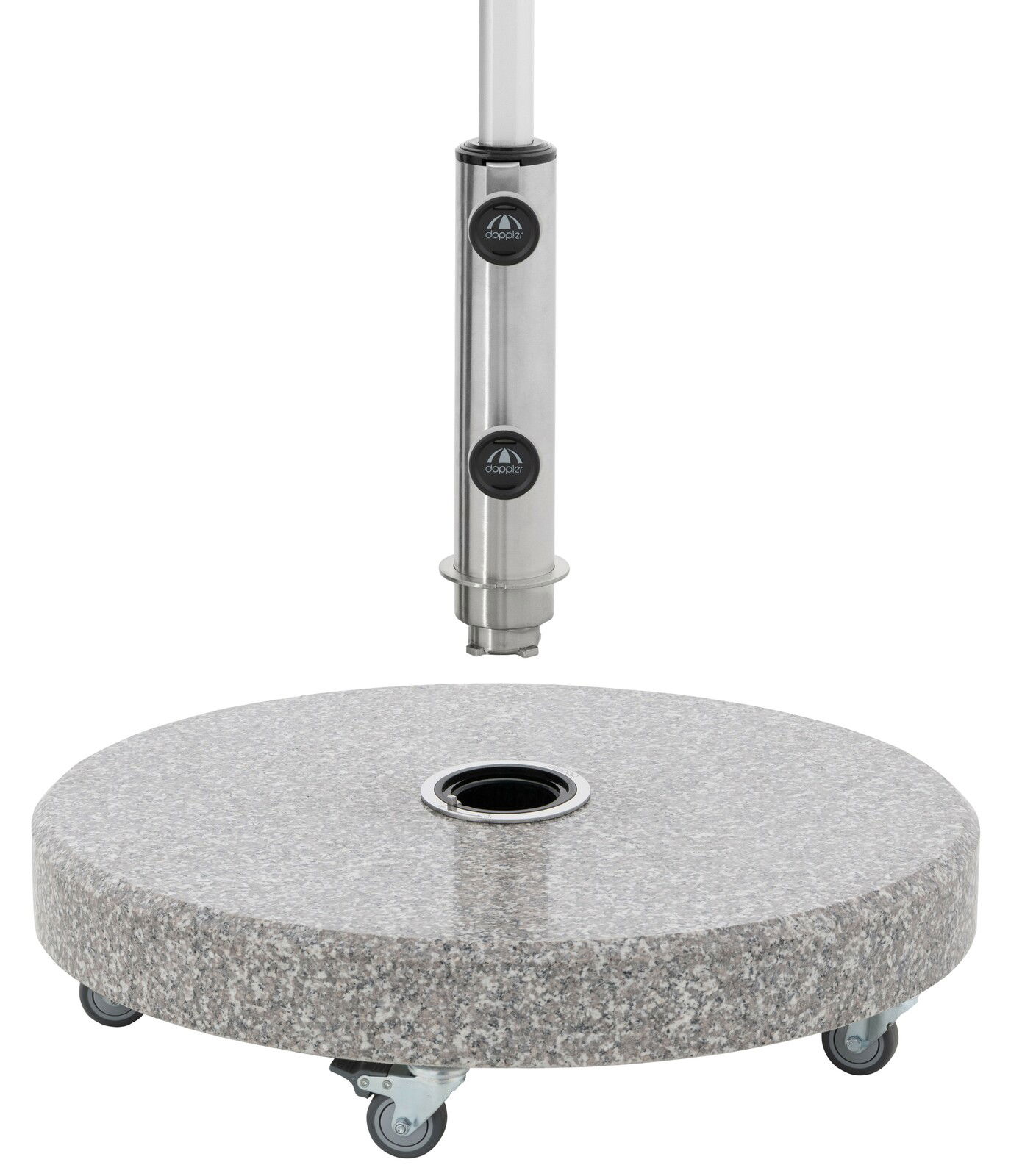 Granit-Sonnenschirmständer mit Rollen, seitliche Perspektive