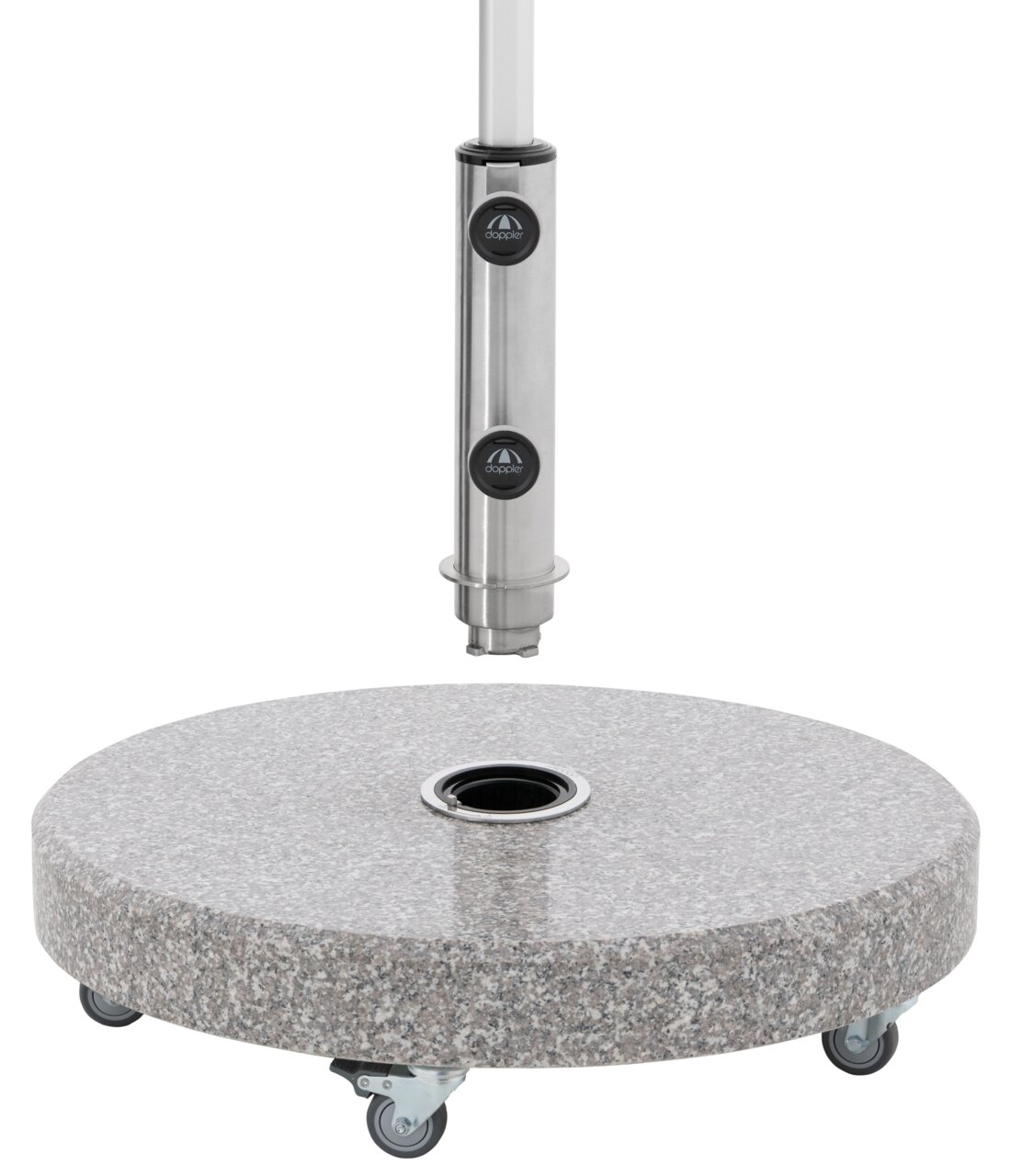 Granit-Sonnenschirmständer mit Rollen, seitliche Perspektive