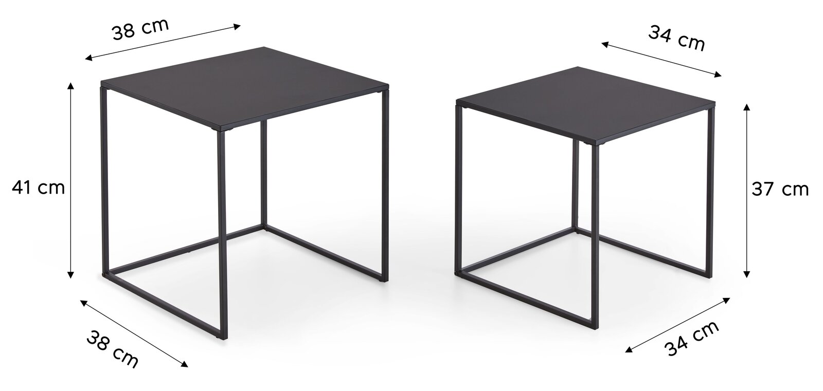 Zwei schwarze, quadratische Beistelltische im minimalistischen Metall-Design mit Maßangaben (links 38×38×41 cm, rechts 34×34×37 cm), dargestellt in schräger Vorderansicht.