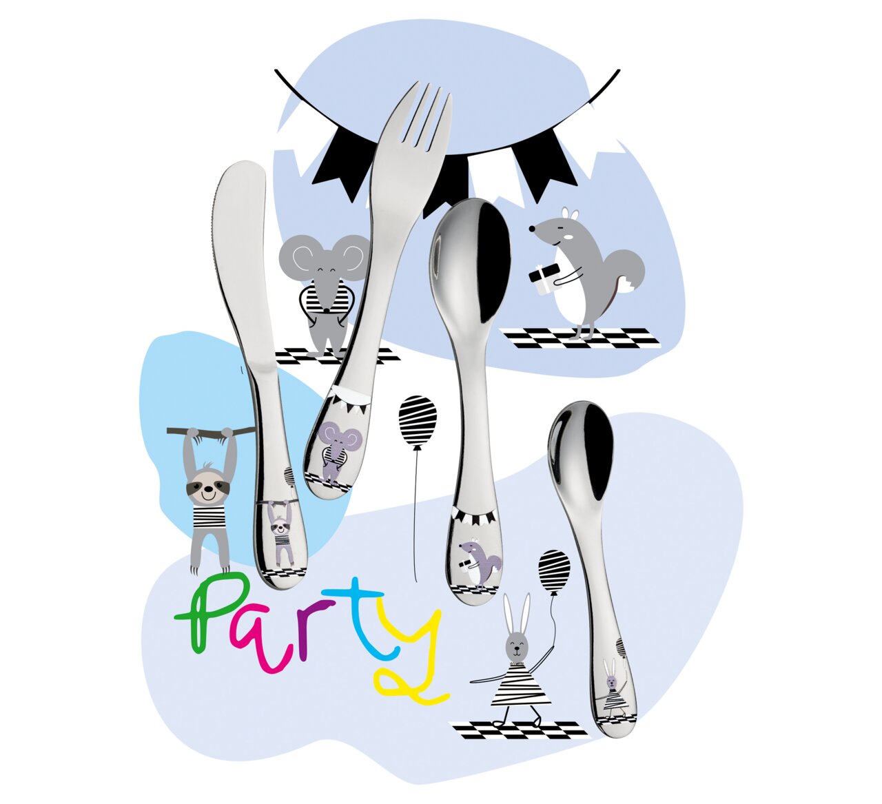 Cilio Kinderbesteck 4-tlg. PARTY Kinderbesteck PARTY 4-tlg. mit Tiermotiven, bestehend aus Messer, Gabel, Löffel und Teelöffel, aus der Vorderansicht.