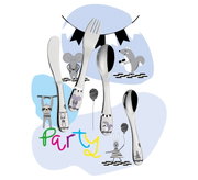 Kinderbesteck PARTY 4-tlg. mit Tiermotiven, bestehend aus Messer, Gabel, Löffel und Teelöffel, aus der Vorderansicht.